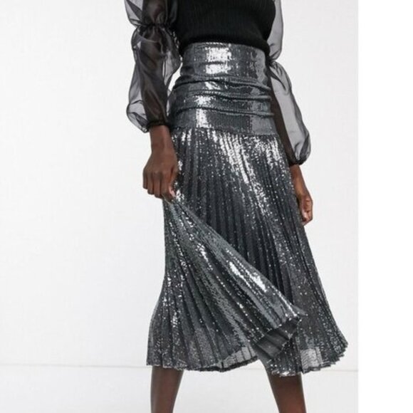 💥BREATHTAKING!💥BARDOT Pleated Midaxi Skirt in Gunmetal Silver Sequin